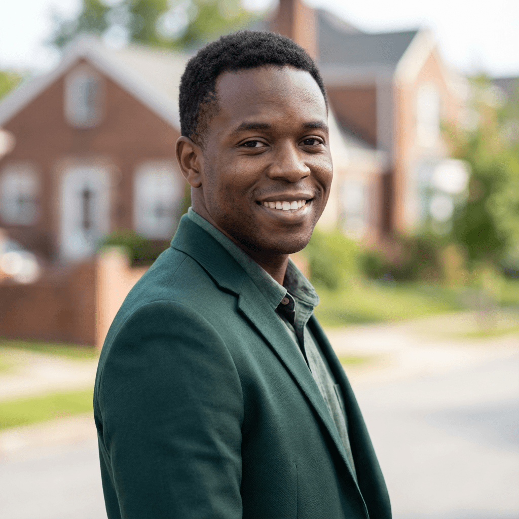 Male financial services principal in his mid 40s, Black, confident and professional in a business office