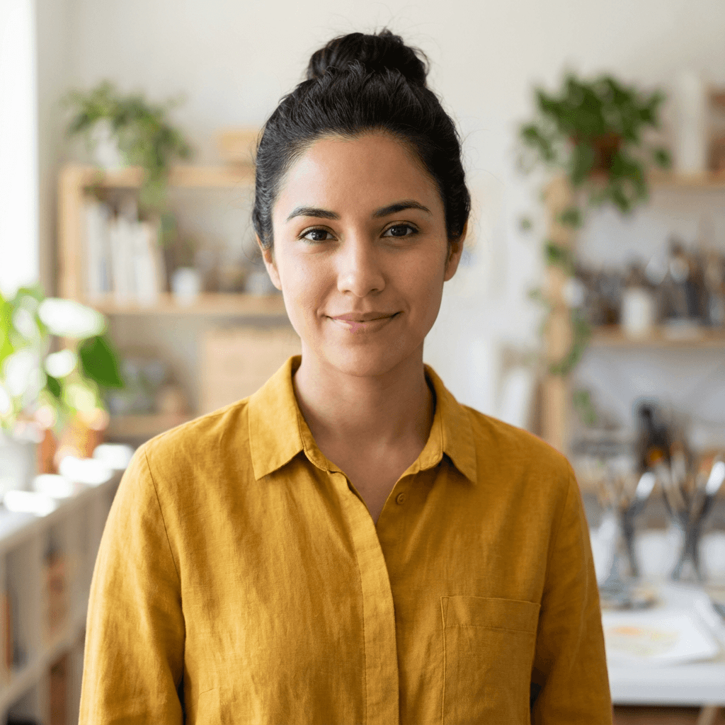 Female business founder in her early 40s, Hispanic, creative and approachable in a design studio
