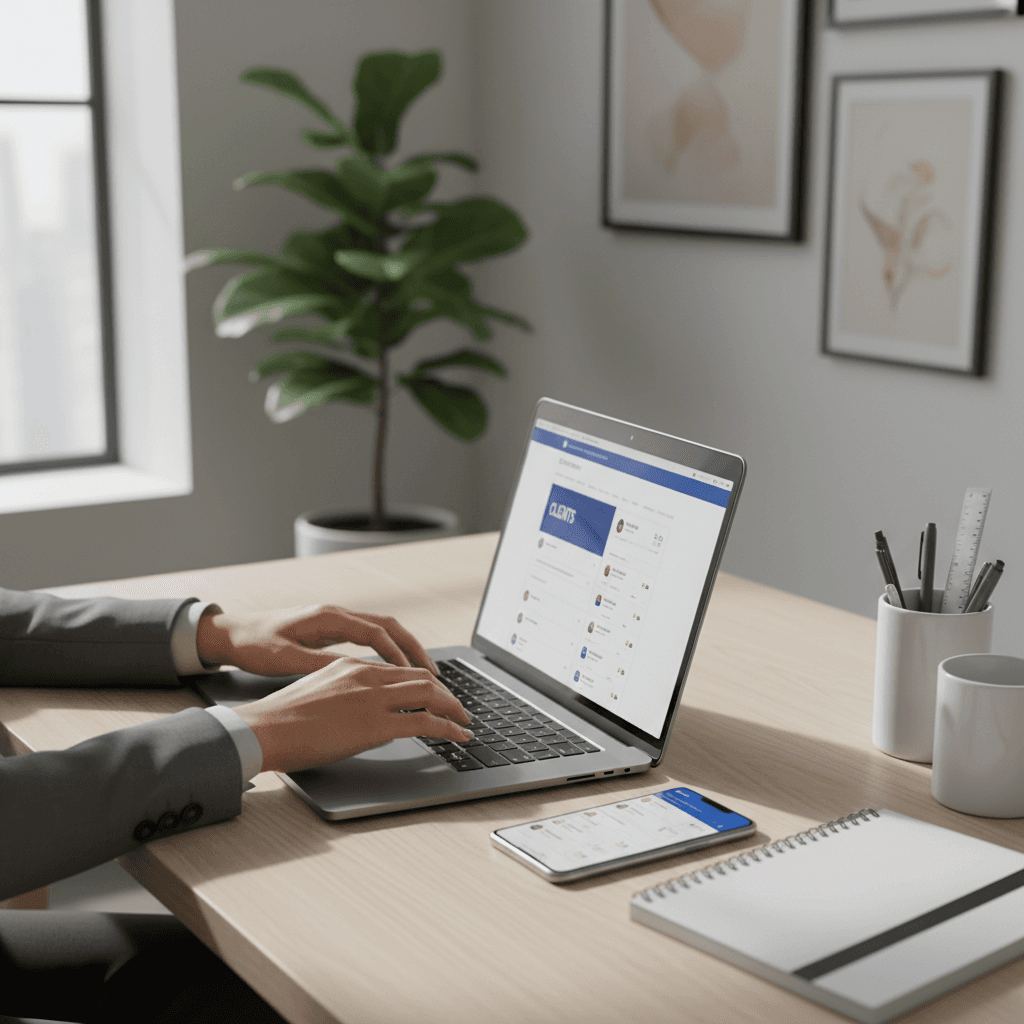 Professional virtual assistant working on a laptop in a bright home office with a calendar and documents nearby